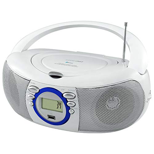 HANNLOMAX HX-321CD Portable CD/MP3 Boombox, AM/FM Radio, Bluetooth, USB Port for MP3 Playback, Aux-in, LCD Display, AC/DC Dual Power Source (White)