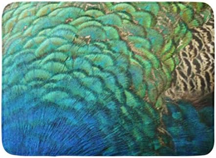 Bath Mat Green Animal Peacock Feathers I Colorful Abstract Nature Design Blue Bathroom Decor Rug