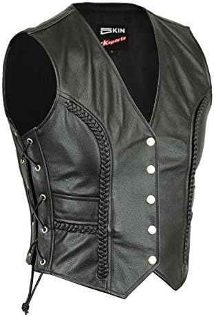RKsports Ladies Tassel Motorcycle Biker Buckled Leather Vest Waistcoat Black Cowhide
