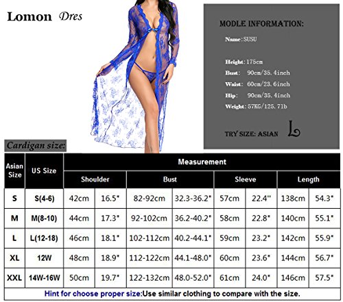 Summer Sexy Bath Robe Long Lace Night Gown Lady Lingerie Nightdress Retro Nightwear Dress,1_blue Lingerie Robe,X-Large