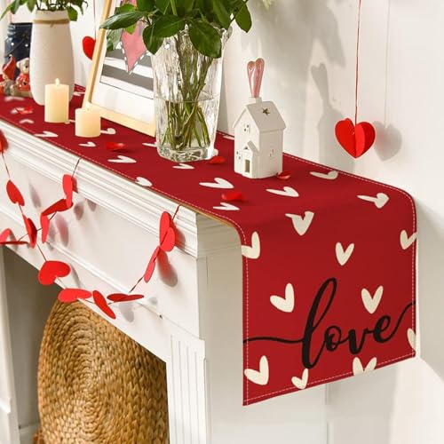 Valentines Table Runners With Red Heart Love, Table Runner, 120x33 Cm Linen Table Cloth,For Valentine'S Day Party Decor, Wedding Anniversary Birthday Decor Holiday Home Decorations (D)