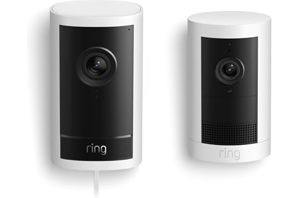 Ring Outdoor Cam Pro, Plug-In (Newest Model), White with Outdoor Cam Plus, Battery, White
