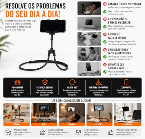 Suporte Articulado Flexível para Celular, Suporte de Pescoço Universal 360 Graus, Mãos Livres, Preto ideal para Leituras.