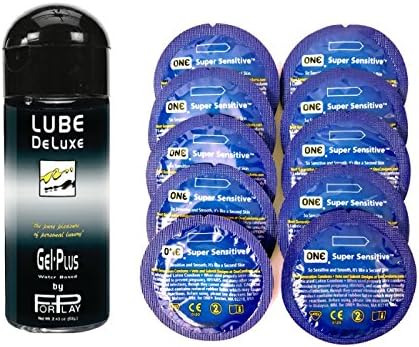 Long Lasting Water-based Personal Lubricant 2.5 Oz ForPlay Lube Deluxe Gel Plus with Free One Condom Super Sensitive Condoms 10 Pack Bulk