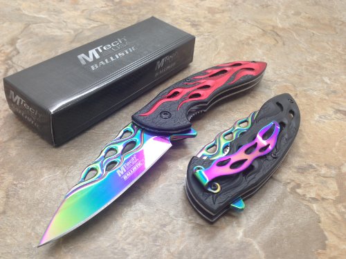 Mtech Assisted Opening Rescue Tactical Pocket Folding Collection Knife Outdoor Survival Camping Hunting - Red with Rainbow Blade New!