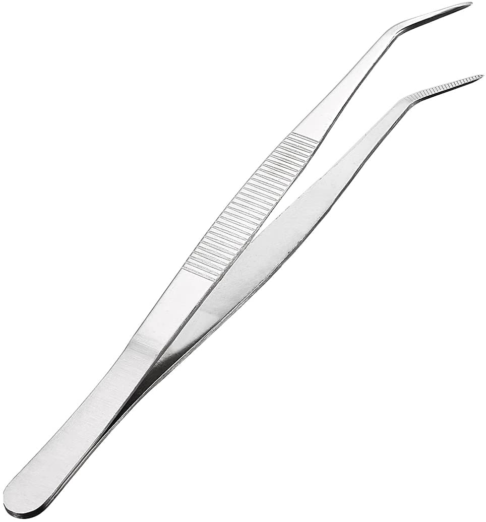 MMOBIEL Stainless Steel Tweezers 20cm / 8inch with Curved 60 Degree Serrated Tip Professional Multi Purpose Tongs Tool for Industrial Work, Laboratory Use, Gardening, Cooking
