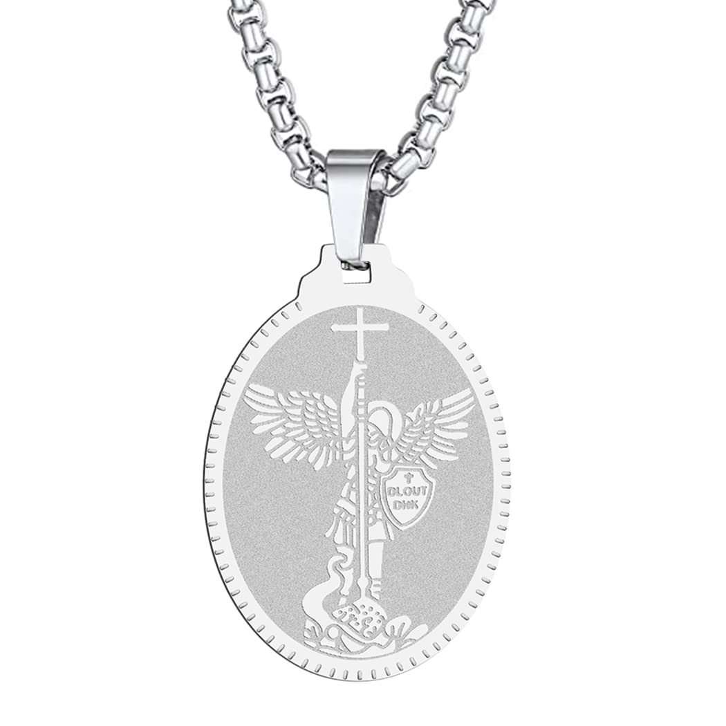 Mens Angel Saint St.Michael Necklace The Seal of The Seven Archangels Pendant Chain Religious Medal Medallion Disc Jewelry Christian Gift (St Michael-219S)