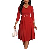 Elainone Womens 3/4 Sleeves Casual A Line Dress with Belt Church Work Wedding Guest Semi Formal Dresses