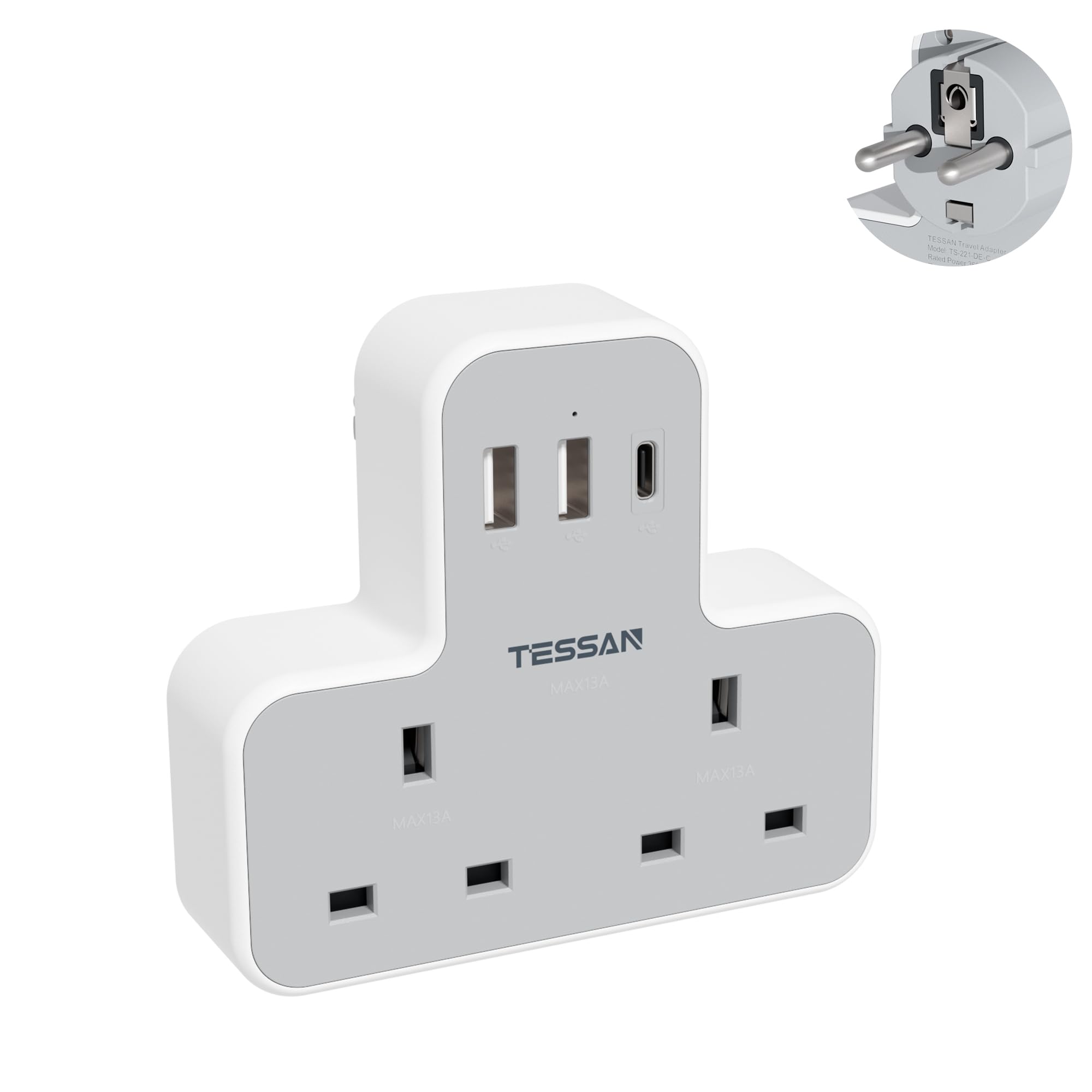UK to European Travel Plug Adapter, TESSAN EU Adapter with 3 USB Ports (1 USB C), 2 Way Adaptor UK to Europe, Euro Plug for Spain Germany France Turkey Greece Portugal Type E F