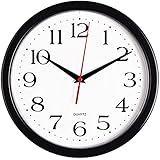 Bernhard Products Black Wall Clock, Silent Non Ticking - 10 Inch Quality Quartz Battery Operated Round Easy to Read Home/Office/School Clock