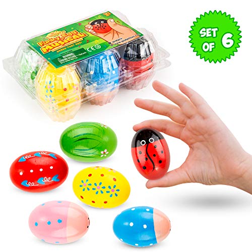 Ipidipi Toys Funky Egg Shakers Musical Maracas for Kids (6-Pack) Natural, Wooden Toy Percussion Instruments | Fun, Colorful Sound Making Shakers | Assorted Easter Designs for Girls, Boys
