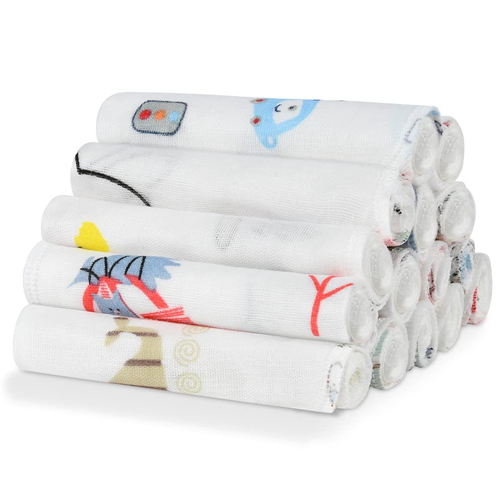 Aolso Baby Washcloths, 15pcs Muslin Cotton Baby Towels, 20x20 cm 4 Layers Cotton Baby Muslin Squares, Soft Baby Muslin Cloths, Absorbent & Breathable, Bibs for Girls & Boys