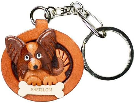 Papillon Leather Plate Dog Keychain VANCA Craft-Collectible Keyring Made in Japan