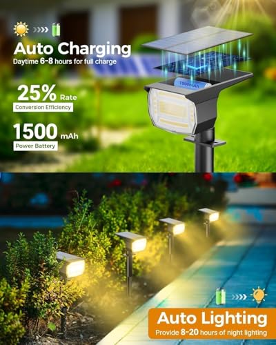 btfarm Set of 8 Solar Outdoor Spotlights, 72 LED Waterproof IP65, Solar Light with 3 Lighting Modes, 120° Adjustable Solar Outdoor Spotlight for Garden, Pathway, Pathway, Warm White
