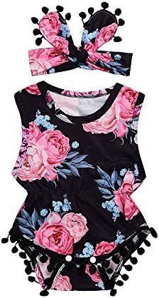 Infant Baby Girls Gonxifacai Flowers Sleeveless Pompom Romper Playsuit Headband Clothes Set(Blue,18 Months)