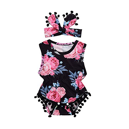 Infant Baby Girls Gonxifacai Flowers Sleeveless Pompom Romper Playsuit Headband Clothes Set(Blue,18 Months)