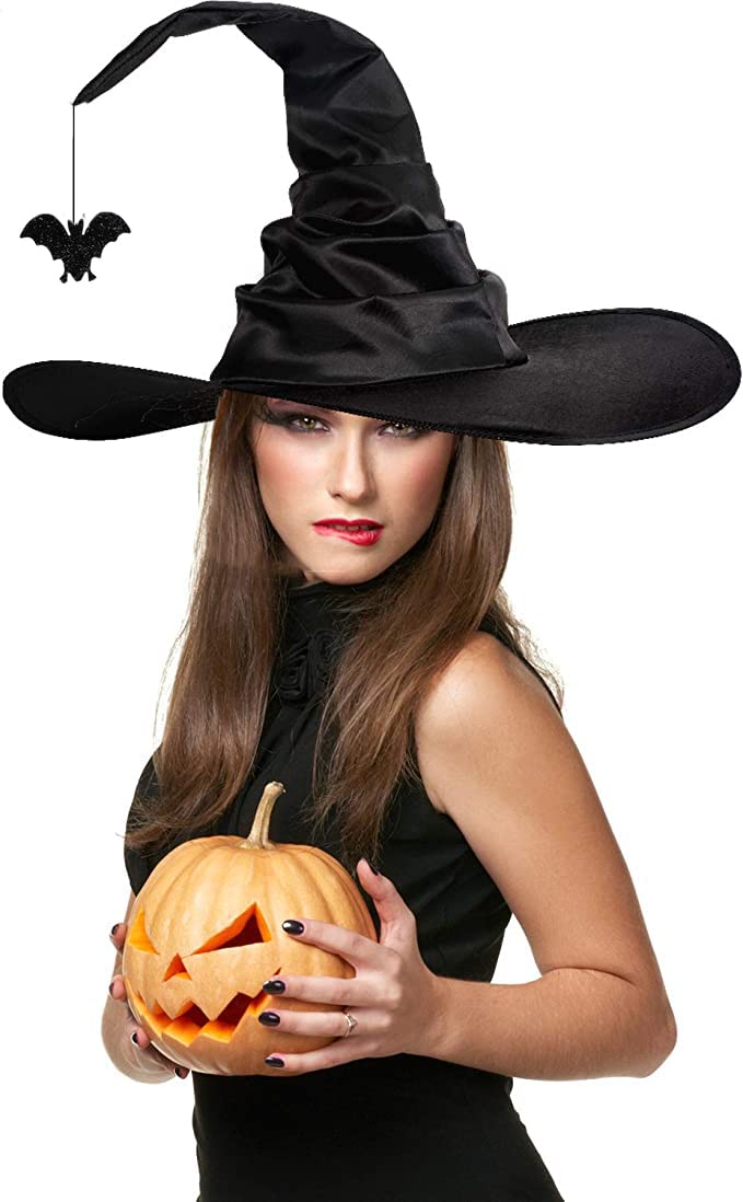ITODA Halloween Ruched Witch Hats Wide Brim Pointed Wizard Hat Black Wicked Witches Hat Crooked Wizard Headwear Fancy Dress Party Witch Accessories for Halloween Carnival Cosplay Party