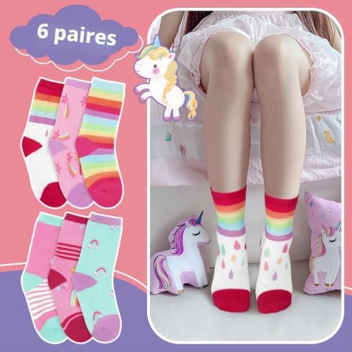 Lot de 6 Paires de Chaussettes Enfants Filles Rayures Colorées Arc-en-ciel Nuages Étoiles Chaussettes Crew Cadeau Doux de 5 à 8 Ans Taille 28-31