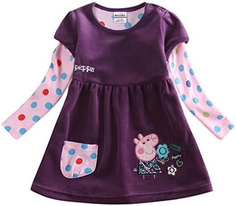 peppa pig clothing Little Girls' Spring Fall Cartoon Fake-two-Pieces Lantern Natural Cotton Dress,Purple/Violet,5/6Y