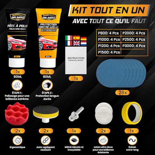 Car Headlight & Polisher Renovation Kit - Polisher, Polish and Cleaner for Car/Motorcycles - Opaque Headlight Restoration, Polishing, UV Protection, Sanding Paper Included for Perfect Finish