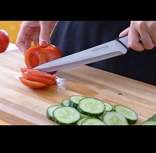 New sharp durable stainless steel silver and black color Kitchen knife set of 3 by Yanicho's Cucina includes 5 inch utility 8 inch curving 7 inch Santoku chef knife