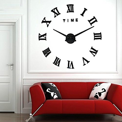 Luxury Time Letters Roman Numerals Large Size DIY 3D Wall Clock Quartz Mirrors Surface Removable Home Decoration Living Room D¨¦co (Black)