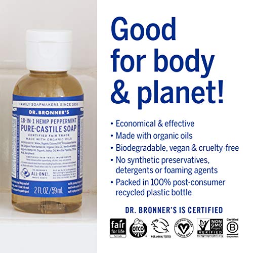 Dr. Bronner’s PureCastile Liquid Soap (Peppermint, Travel Size, 2 ounce) Made with Organic