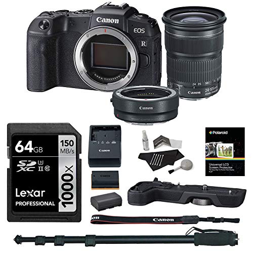 Canon EOS RP EF 24-105mm Camera Lens Bundle with Lexar 64GB Memory Card, Lens Converter, Grip, Monopod, Cleaning Kit and Screen Protectors