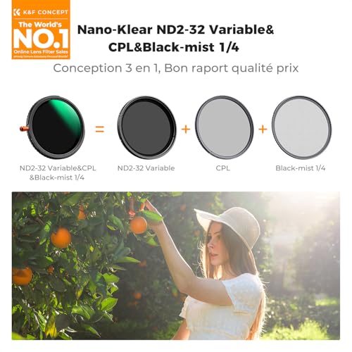 K&F CONCEPT 67mm ND2-32 Variable and Polarising CPL and Black-Mist 1/4 3 in 1 Filter for Camera Lens