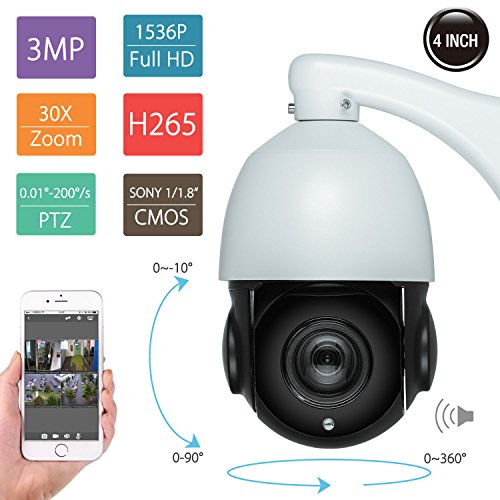 High Speed Dome IP Camera 3MP HD 1536P 30X Optical Zoom Onvif PTZ, IR Night Vision up to 500FT H.265 CCTV IP Network, 4 Inch Mini Size IP66 Waterproof Outdoor Camera