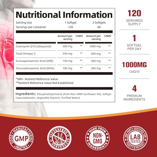 1000mg Liposomal CoQ10 Ubiquinol with Omega-3 Softgels, Advanced Coenzyme Q10 High Strength & Absorption, Naturally Fermented CoQ10 Supplement for Antioxidant, Heart & Energy Support - 120 Count