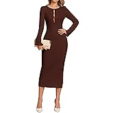Long Sleeve Ribbed Knit Dress Bodycon Sweater Cutout Midi Formal Wedding Guest Casual Fall Dresses for Women