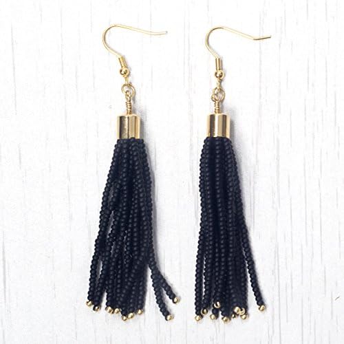 Matte Black with accent of Galvanised Gold Seed Beaded Tassel Earring with Shiny 16K Gold Plated Brass Findings