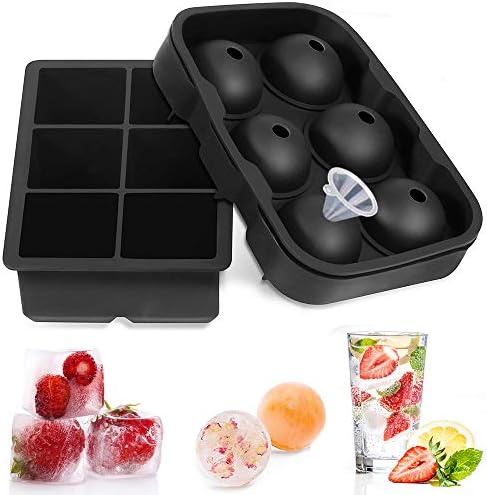 Sphere Ice Ball Mold, Round Ice Cube Mold with Lid, Square Ice Cube Mold for Whiskey Silicone Ice Mold for Cocktail, Bourbon and Scotch by AODOOR (Sphere+Square, Black)