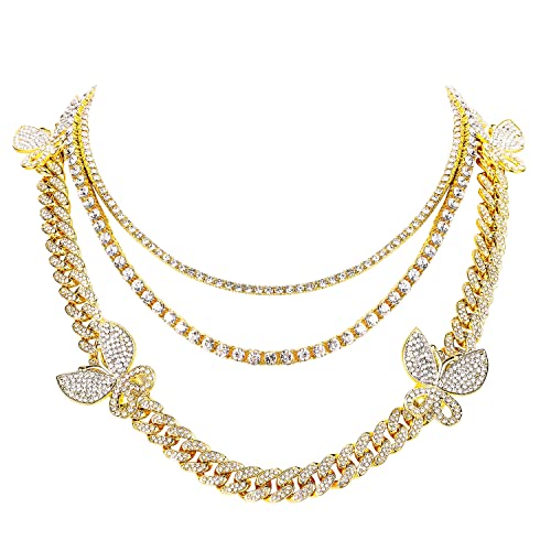 HH BLING EMPIRE Gold Silver Chain Necklace for Men Women Iced Out Diamond Tennis and Cuban Link Chain Necklaces Hip Hop Jewelry Sets 3Pc 18/20/24 Inch (Set A-Gold)