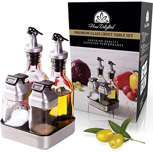 Premium Oil Vinegar Salt Pepper Dispenser Set in Caddy with Leak Proof