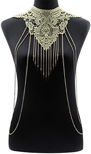 YallFF Golden Flower Lace Body Chain Bikini Chian Collar Choker Summer Beach Hollow out Gothic Punk Tassel Rivet Boho Body Necklace Multilayer Jewelry (#1)
