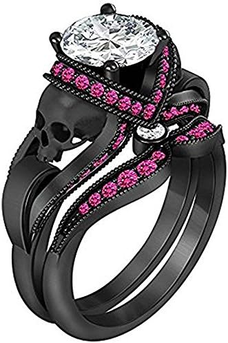 14k Black Gold Plated Alloy 1.10 CT Created Simulated Diamonds &amp; Created Pink Saphire Round Skull Ring-Wedding Band Engagement Bridal Ring Set Fashion Ring for womens Free Size 4 to 11