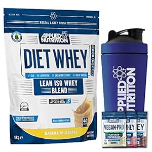 Applied Nutrition Bundle: Diet Whey Protein Powder Low Carb Low Sugar 1kg + 5 Sample Bundle + 750ml Steel Protein Shaker (Banana)