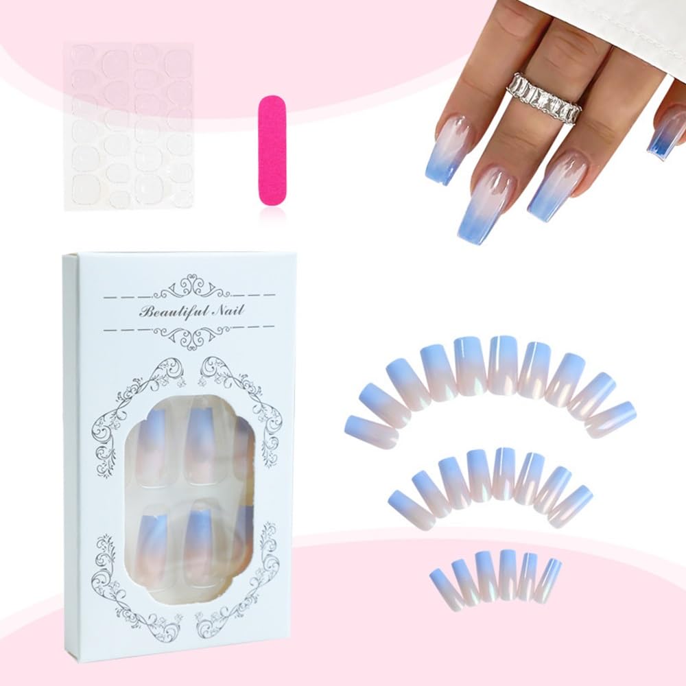 Press on Nails Square Medium Fake Nails Blue Ombre Glue on Nails Chrome Acrylic Nails Press ons Glossy Full Cover Stick on Nails with Bling Design Artificial Nails for Women Manicure Kit 24Pcs - Image 2