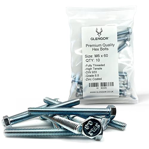 Glengor Premium M6 x 60mm Hex Bolt | Fully Threaded Setscrew Zinc 8.8 | Pack of 10