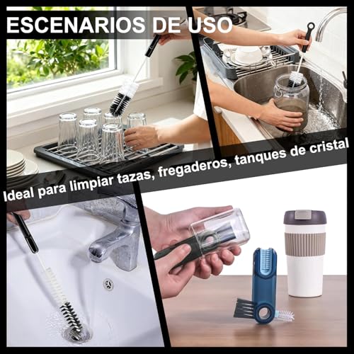 9 Piezas Cepillos de Limpieza para Botellas, Cepillo para Lavar Botellas Multifunción con Orificio para Colgar, Cepillo de Tubo de Pajitas de Nylon para Botella, Biberones, Termos,Tarros,Tapones-Negro