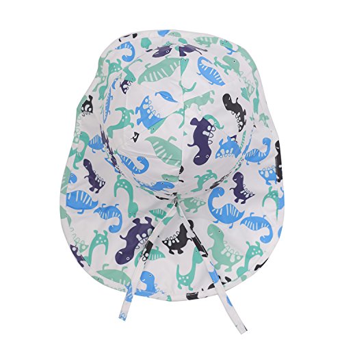 Flammi Baby/Toddler Flap Sun Hat with Chin Strap Adjustable Cartoon Dinosaur Printed Hat Cap Sun Protective Swim Hat (6-12 Months, White)