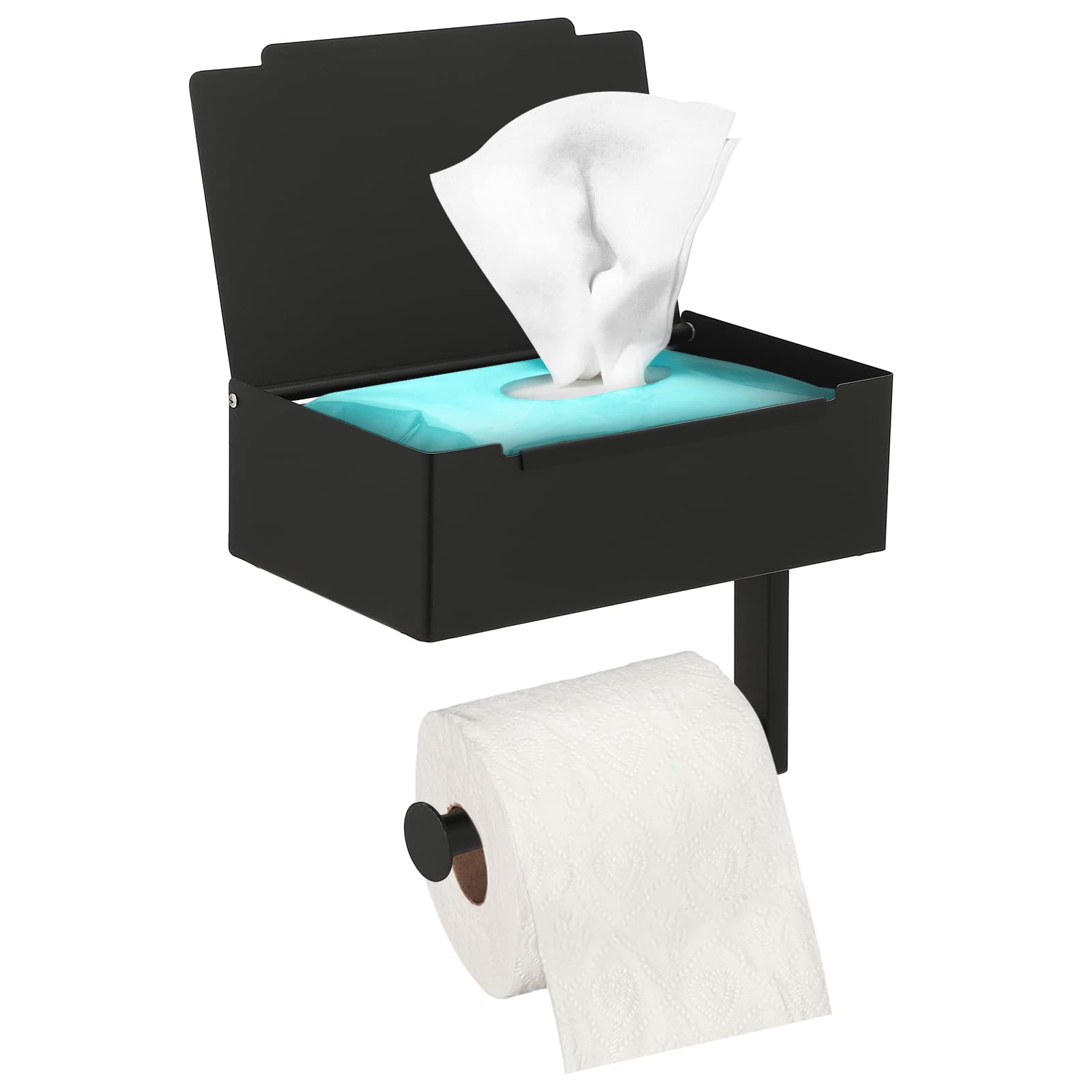 DEDEMCO Toilet Paper Holder with Flushable Wipes Dispenser for Bathroom,Wipe Storage Holder with Phone Shelf,Matte Black Stainless Steel Wall Mount,20.5x15.5cm,Black