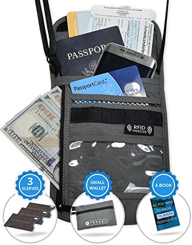 Travel wallet, RFID Blocking Neck Passport holder, Security Lightweight Stash Pouch, w/ 5 FREE BONUSES