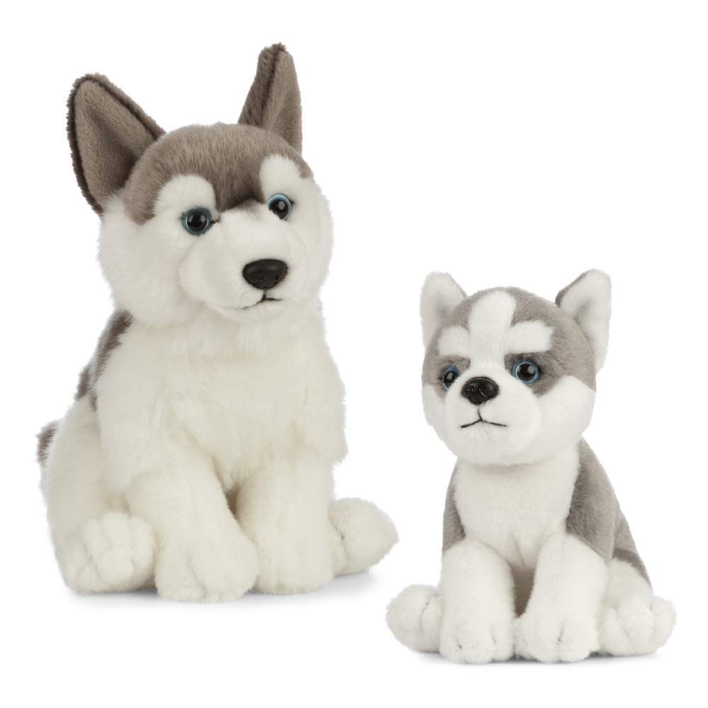 Living Nature Soft Toy Gift Bundle - Plush Husky Dog (20cm) & Puppy (16cm), Grey & White