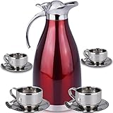 Thermal Carafe Plus Coffee Tea Mugs by Chefcoo™ Includes Pitcher, 4 Mugs Saucers and Spoons - Double Wall Pot Best for Hot and Cold Beverages - Holds Temperature for 24 Hours - Red Color