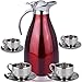 Thermal Carafe Plus Coffee Tea Mugs by Chefcoo™ Includes Pitcher, 4 Mugs Saucers and Spoons - Double Wall Pot Best for Hot and Cold Beverages - Holds Temperature for 24 Hours - Red Color