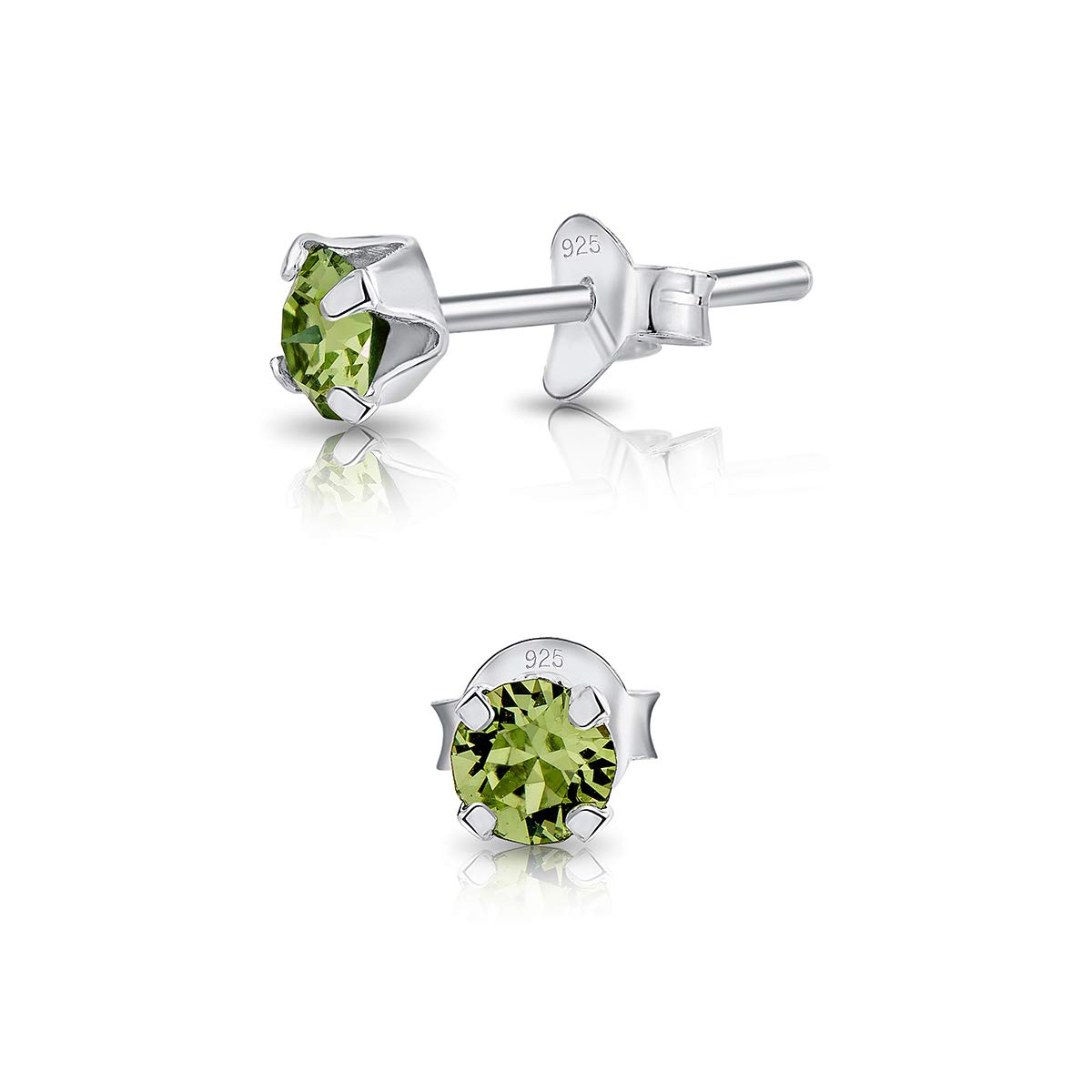 925 Sterling Silver Round SMALL Stud Earrings made with Glittering Crystals - Small Silver Studs Earrings for Woman - Diameter: 4 mm - Colour : Peridot