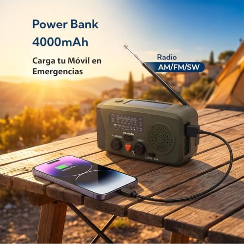 Radio Portable Urgence, FM/AM Radio Survie avec Rechargement du Solaire Radios Dynamo à Manivelle avec Lampe de Poche 4000mAh Powerbank SOS pour Outdoor, Camping, Coupures de Courant, Kit de Survie